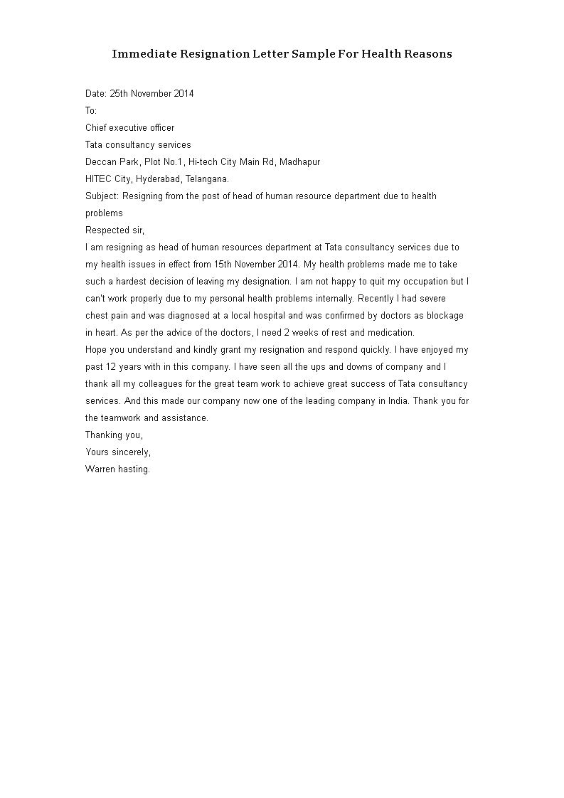 resignation letter immediate effect health template