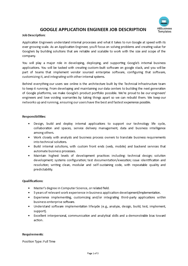 google application engineer job description modèles