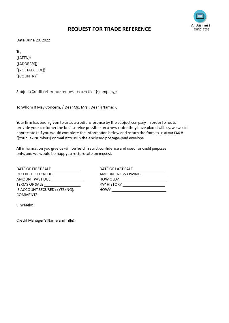 Request For Credit Reference Letter main image