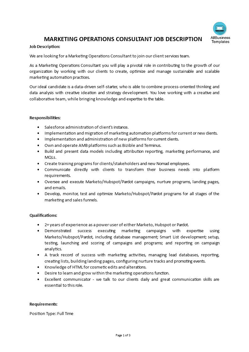 Marketing Operations Consultant Job Description 模板