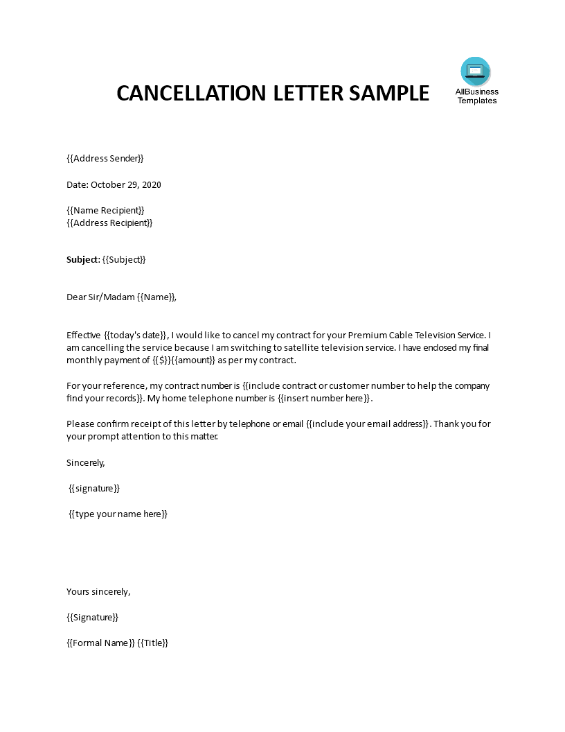 Kostenloses Cancellation letter sample