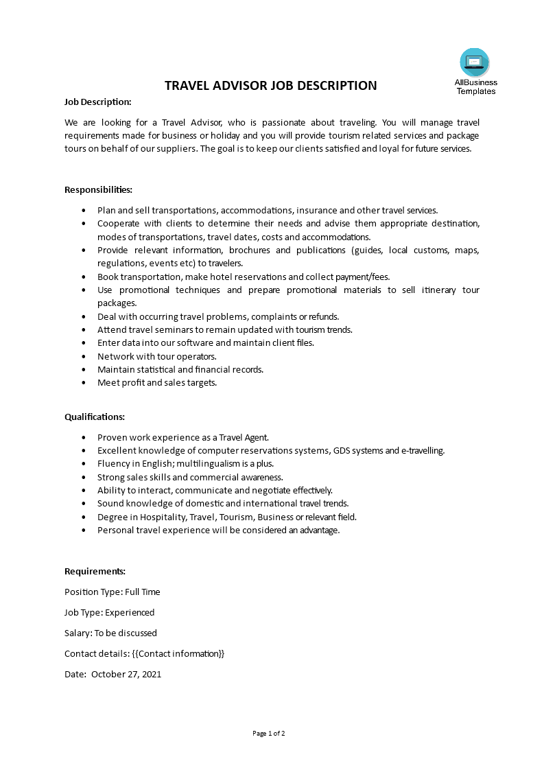 travel advisor job description template