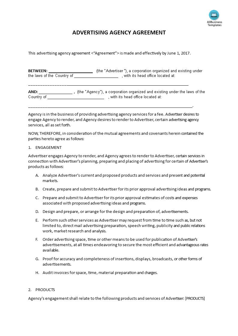advertising agency agreement template