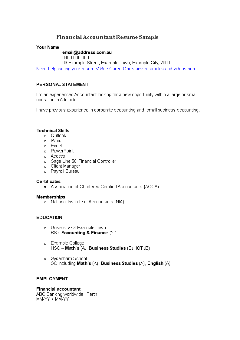 Financial Accountant Resume Example 模板