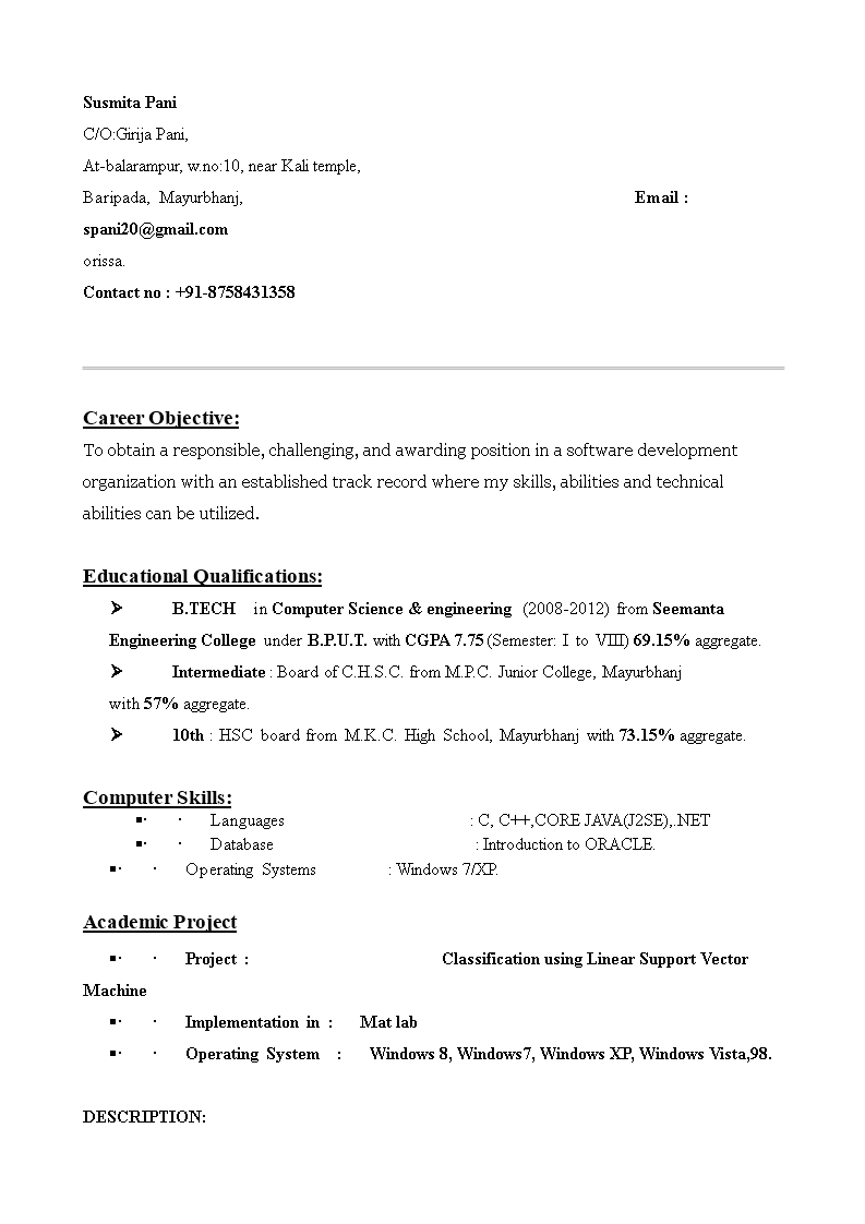 Fresher Resume example main image