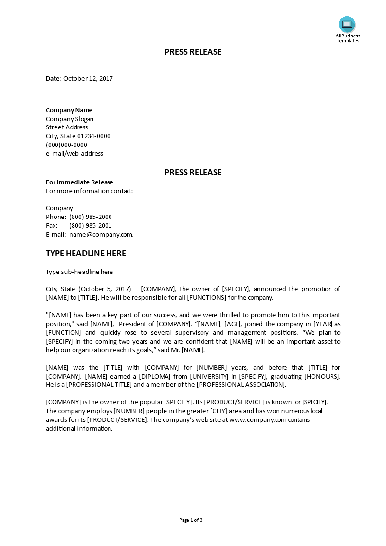 Press Release_Promotion Of Employee 模板