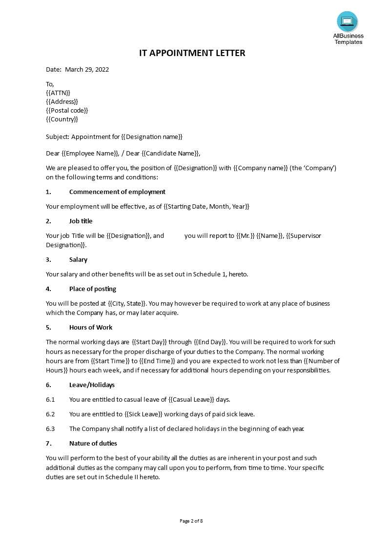 it employee appointment letter template