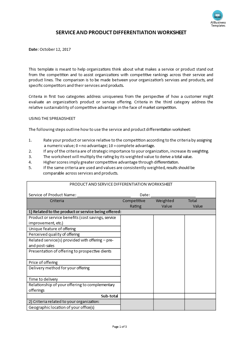 products and services differentiation worksheet modèles