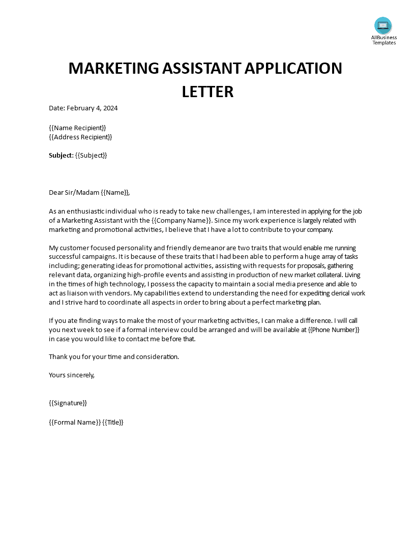 application letter for position marketing assistant modèles