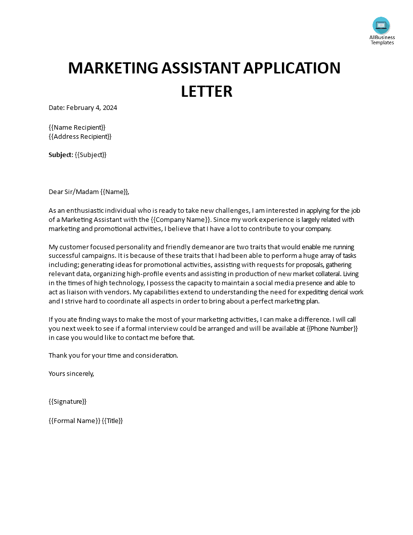 Application Letter for position Marketing Assistant 模板
