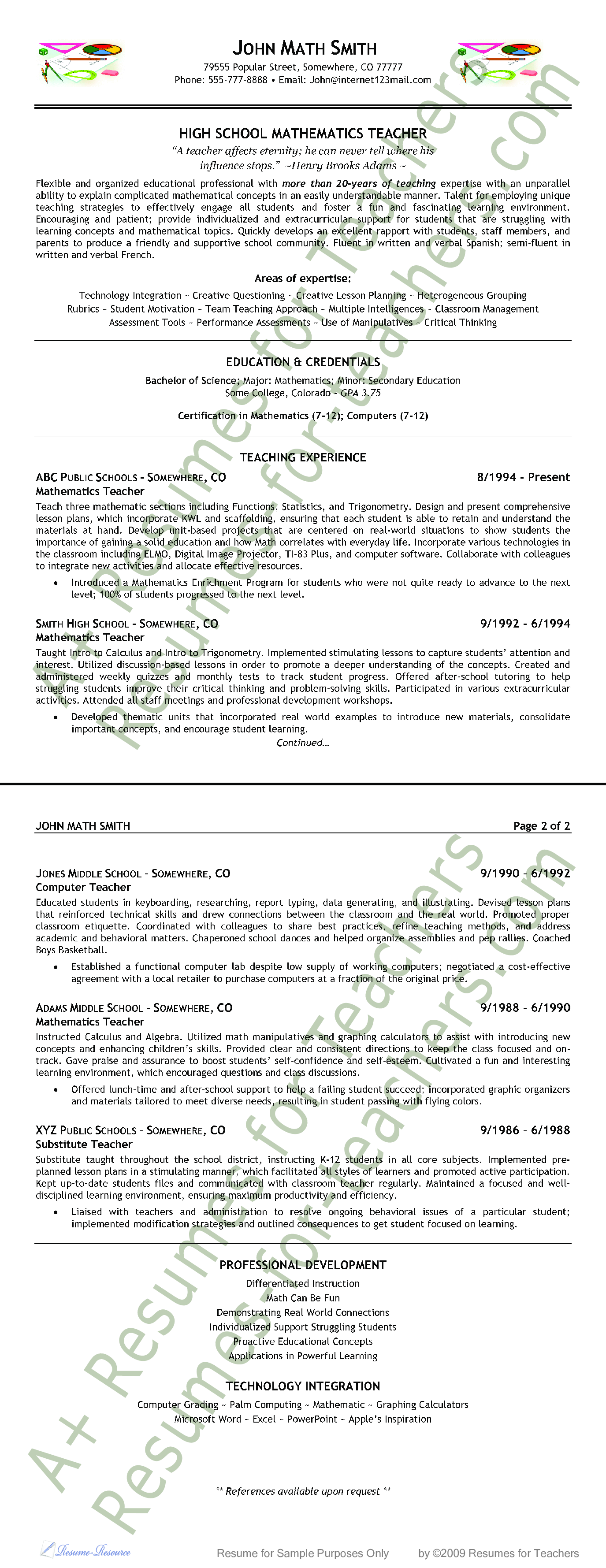 mathematics teacher resume template