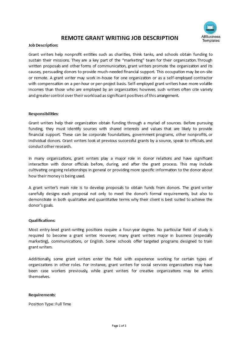 remote grant writing job description template