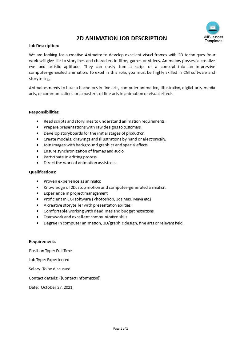 2d animation job description plantilla imagen principal