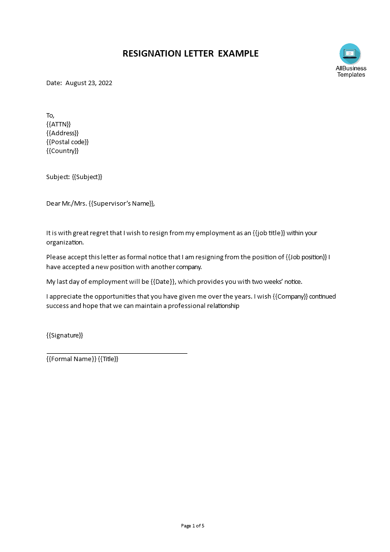 2 Weeks Resignation Letter Simple main image