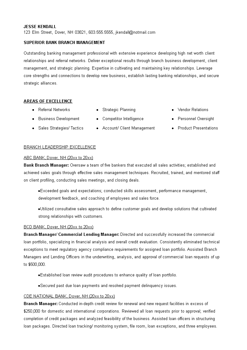 bank branch manager resume template