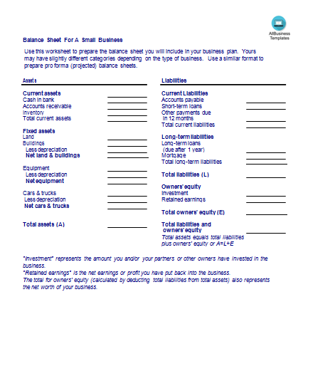 balance sheet for a small business voorbeeld afbeelding 