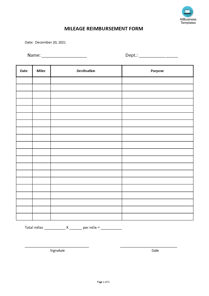 mileage form voorbeeld afbeelding 