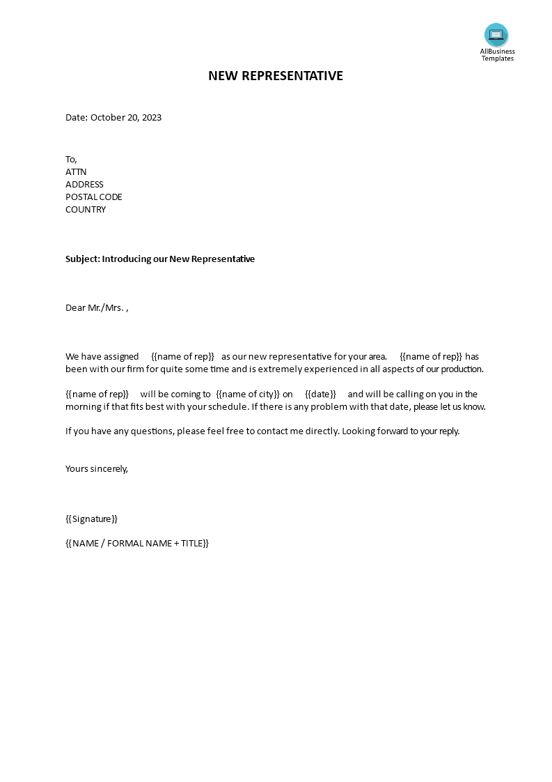Introduction Letter of New Sales Representative Templates at