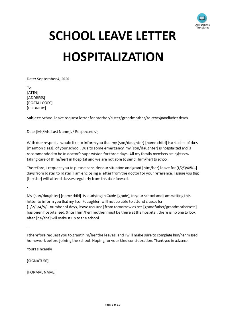 Kostenloses School Leave Letter Hospitalization