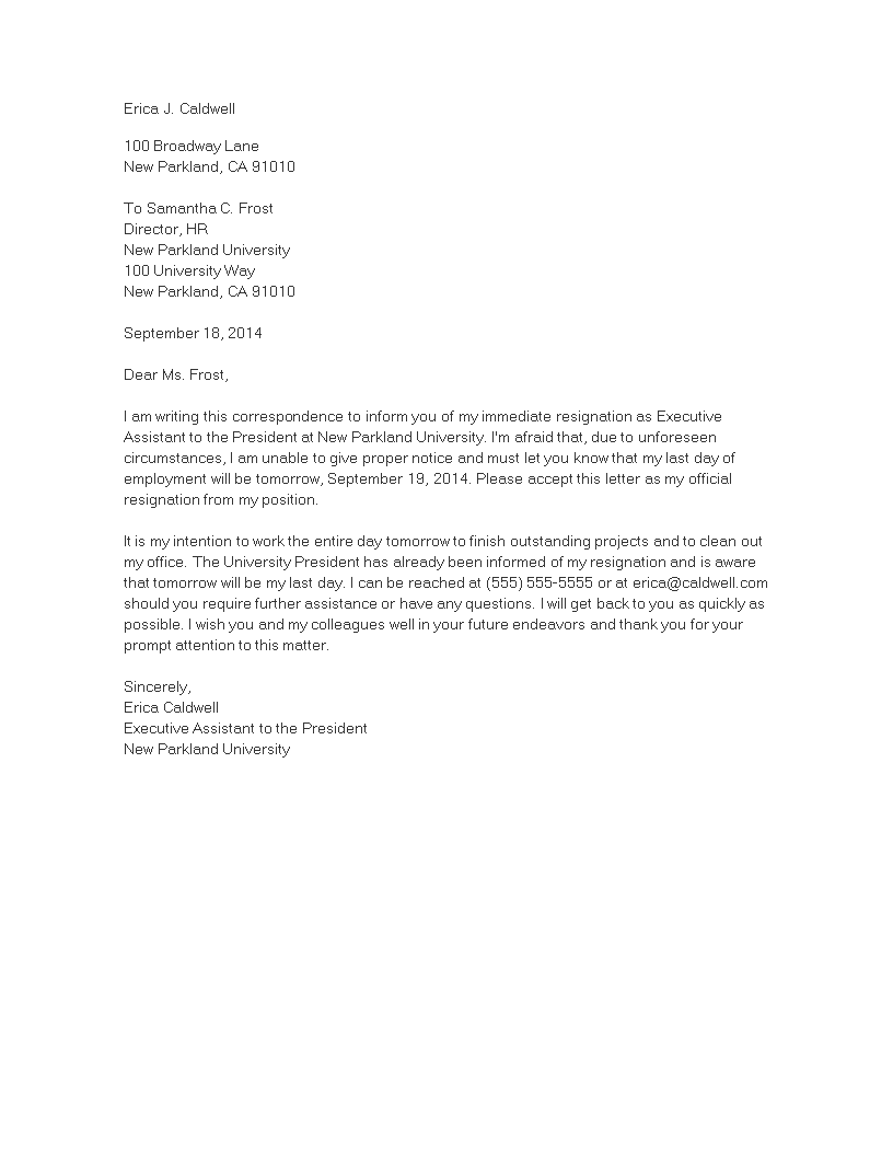 short immediate resignation letter template