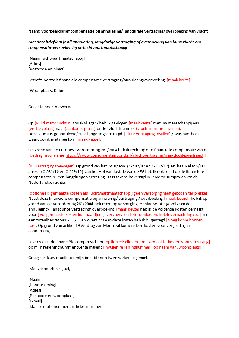 verzoek compensatie bij annulering vertraging overboeking plantilla imagen principal