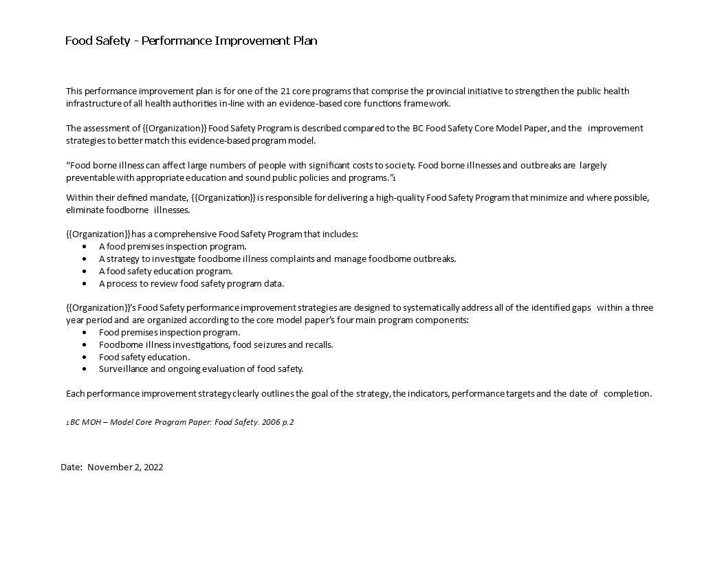 food safety performance improvement plan template