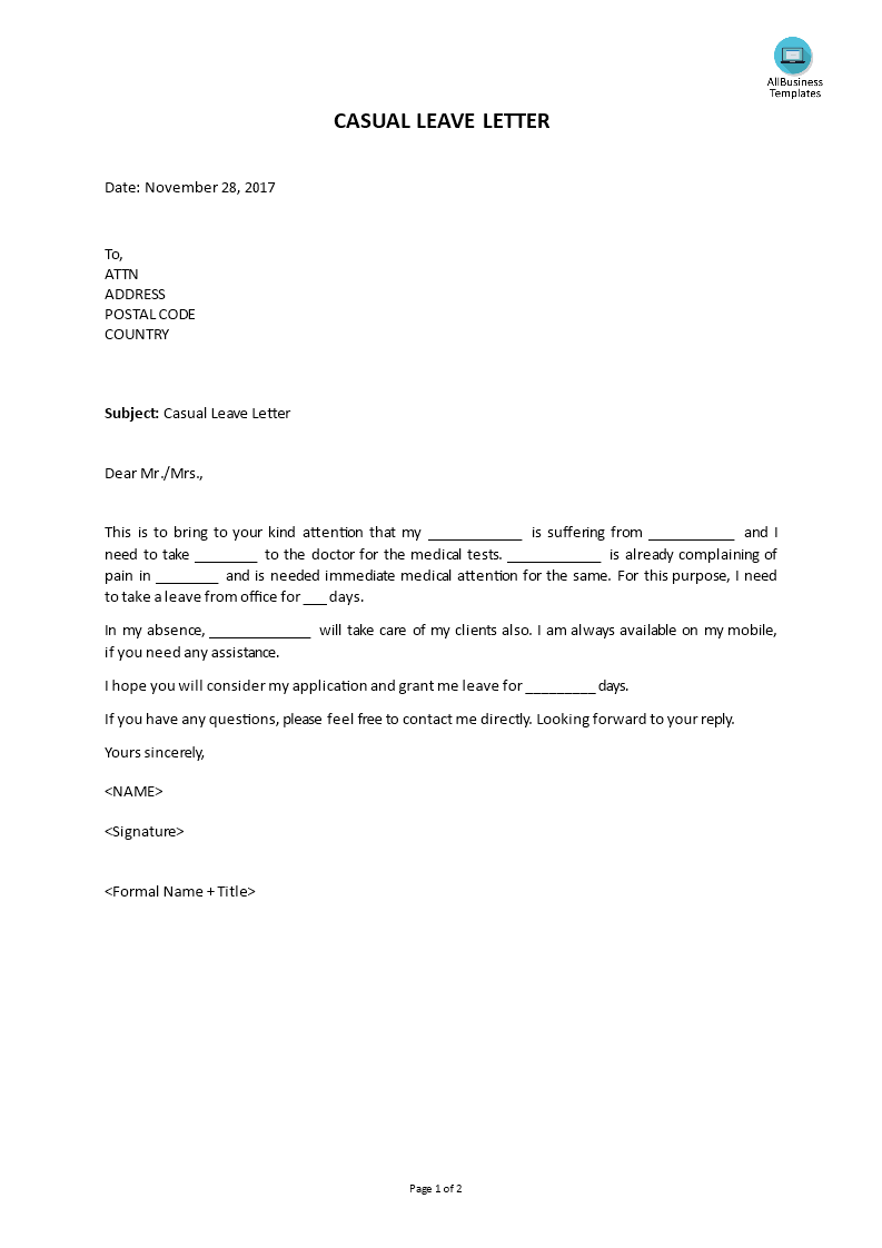 casual leave application letter sample