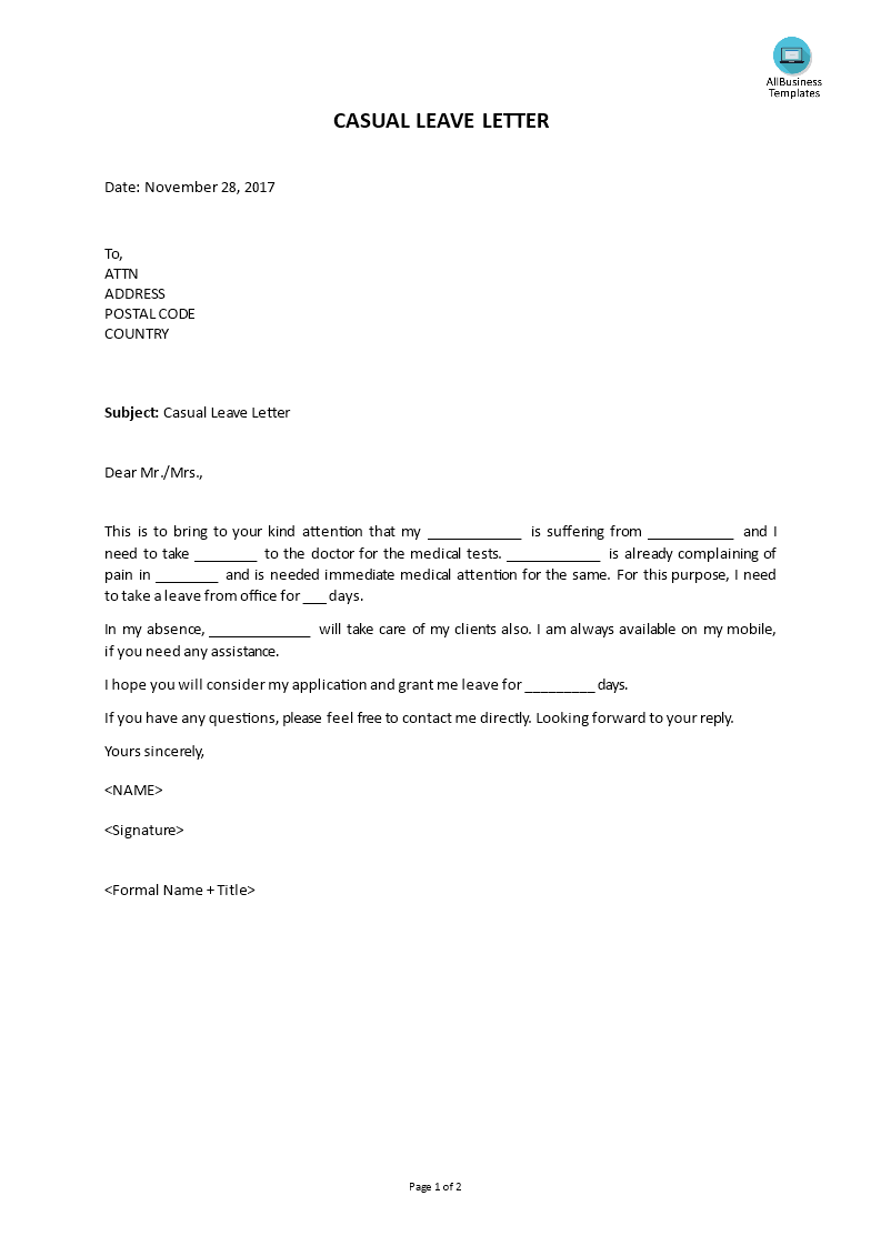 application letter for casual leave in office