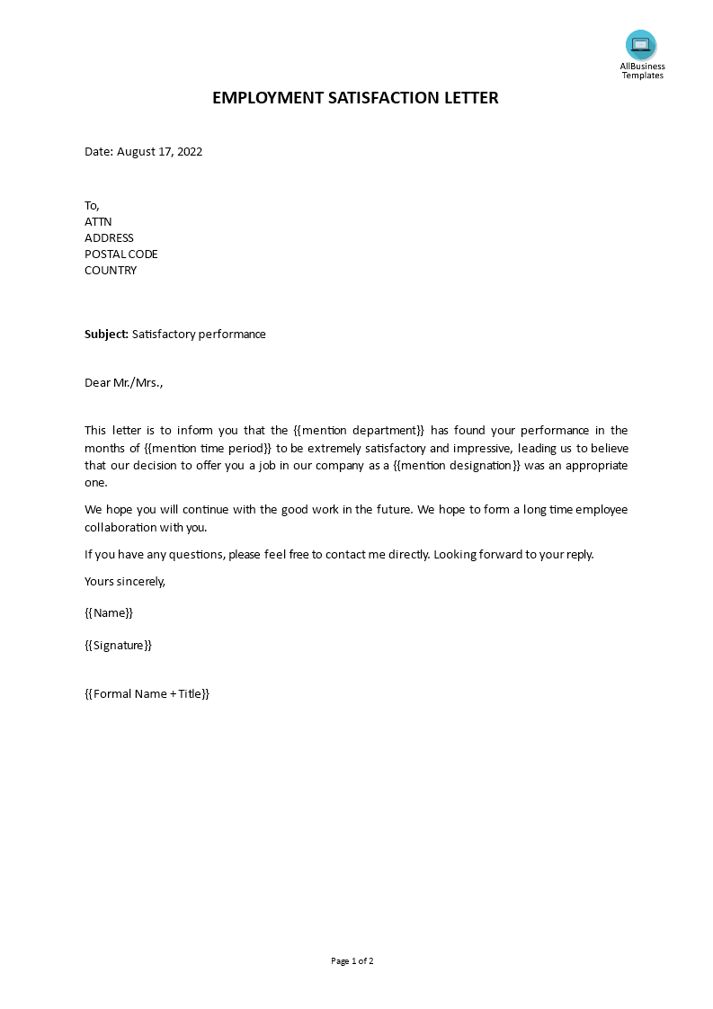 employment satisfaction letter template