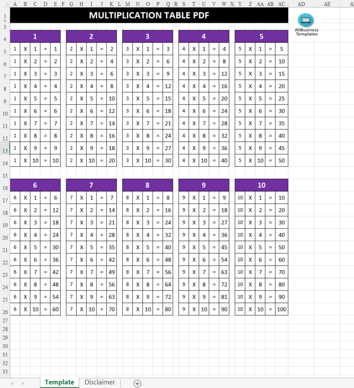 multiplication table printable Hauptschablonenbild