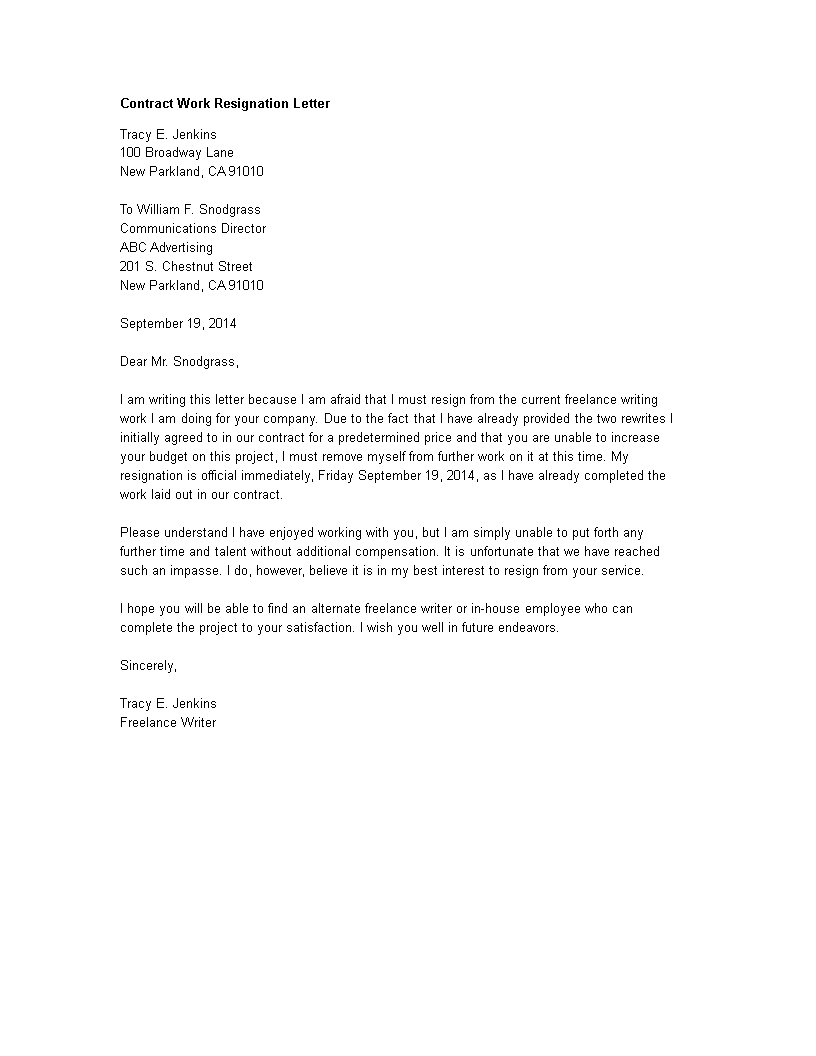 contract work resignation letter template