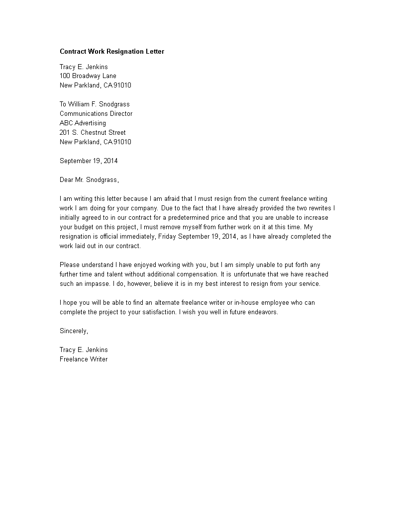 Contract Work Resignation Letter main image