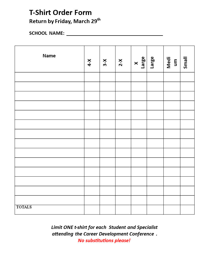 Blank TShirt Order sheet Templates at