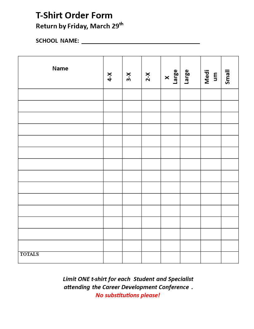 Free Printable Order Forms For T Shirts