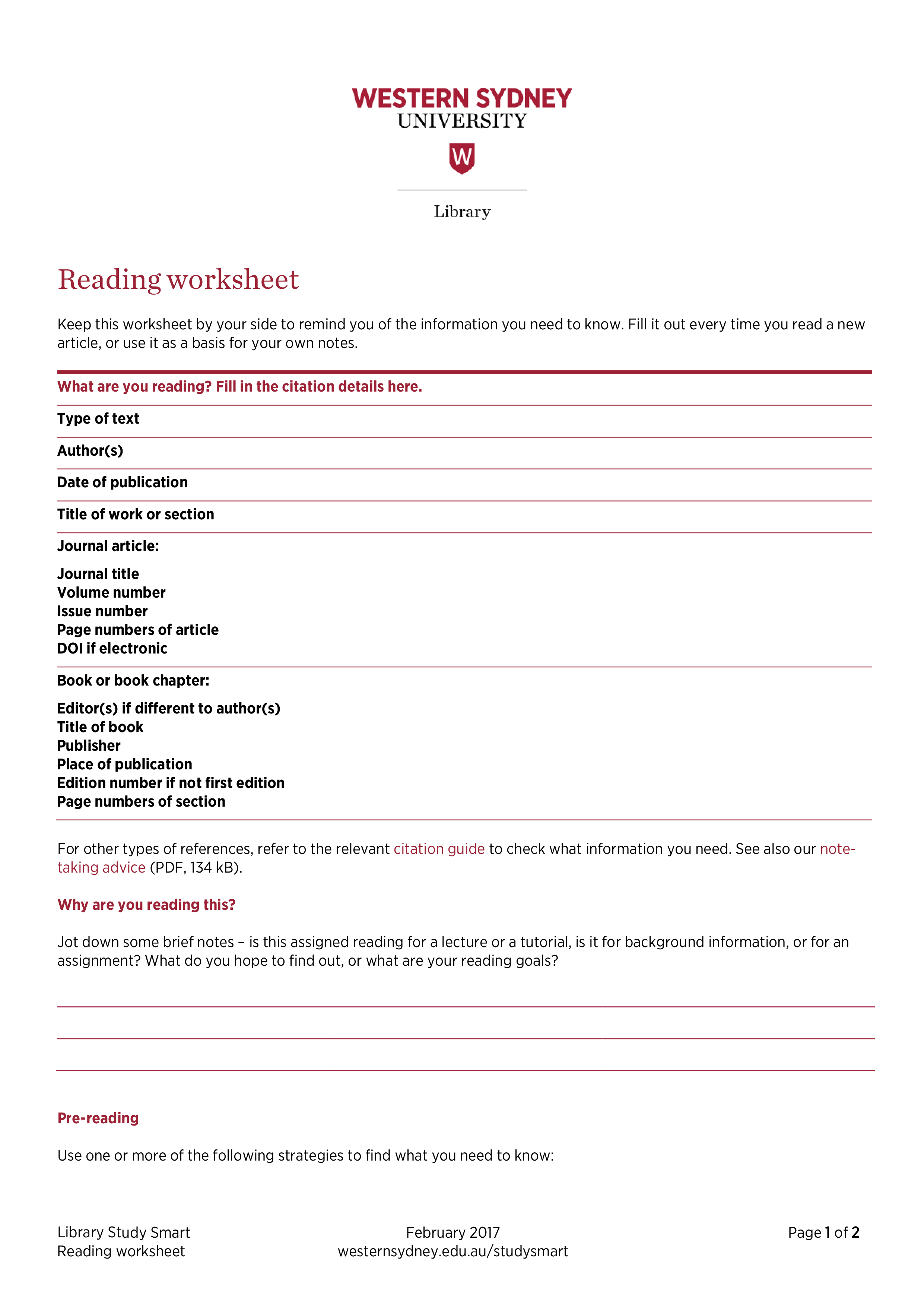 Study Smart Reading Worksheet example 模板