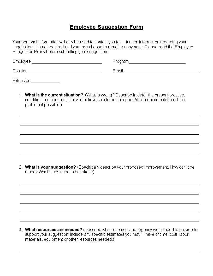 employee suggestion form word format modèles