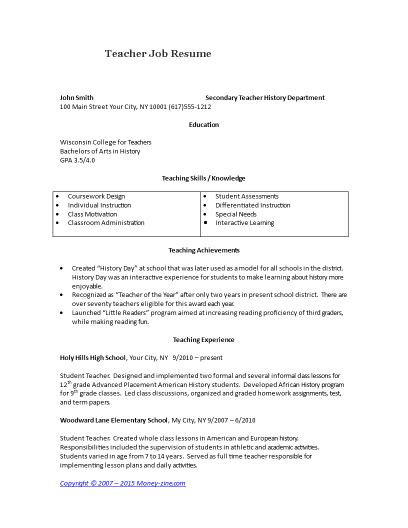 sample resume to apply for a teacher job