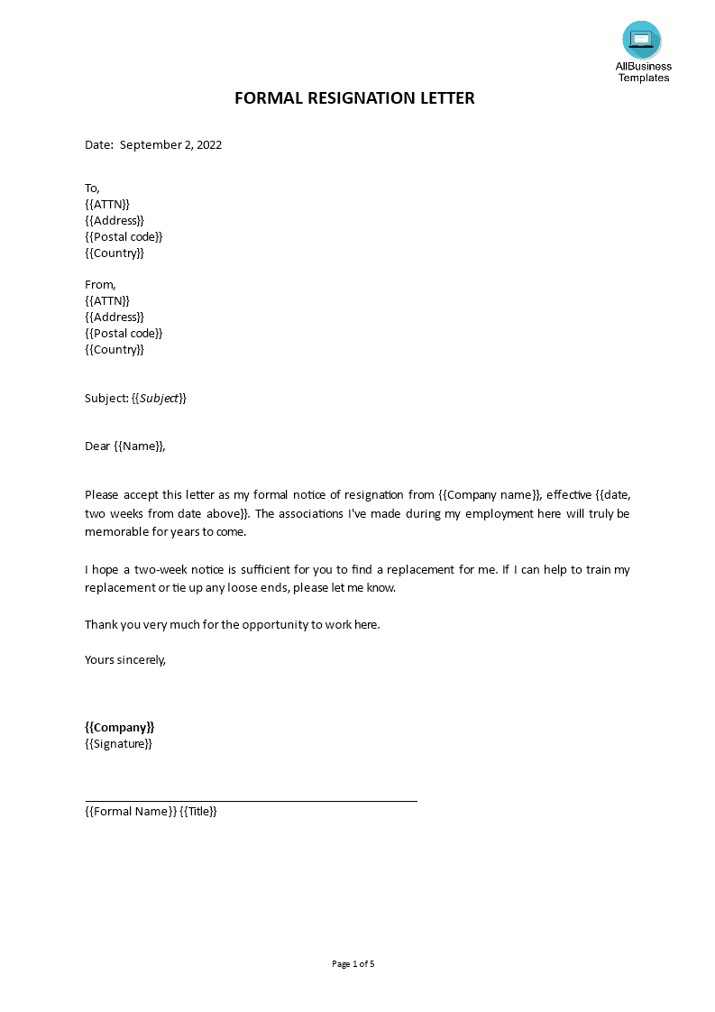 formal resignation letter Hauptschablonenbild