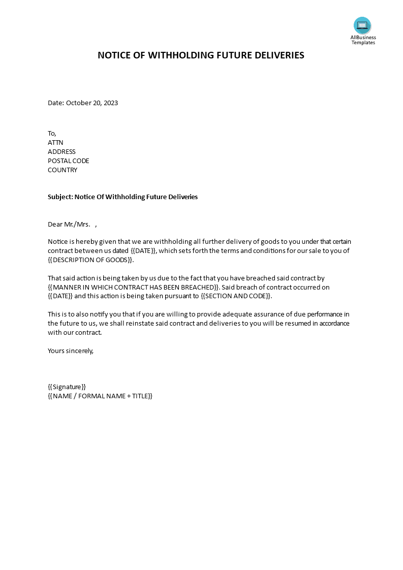 Notice of withholding future deliveries Templates at
