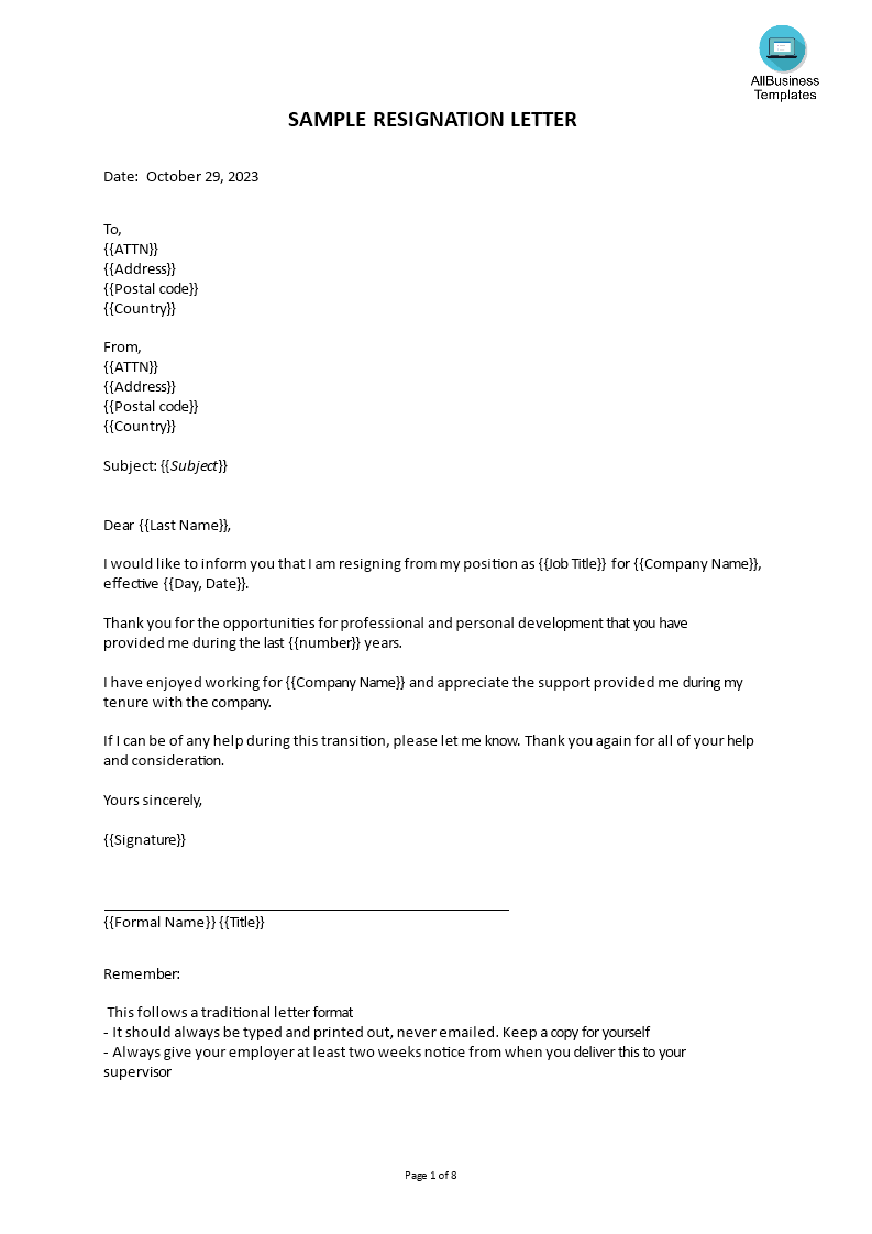 short resignation letter template