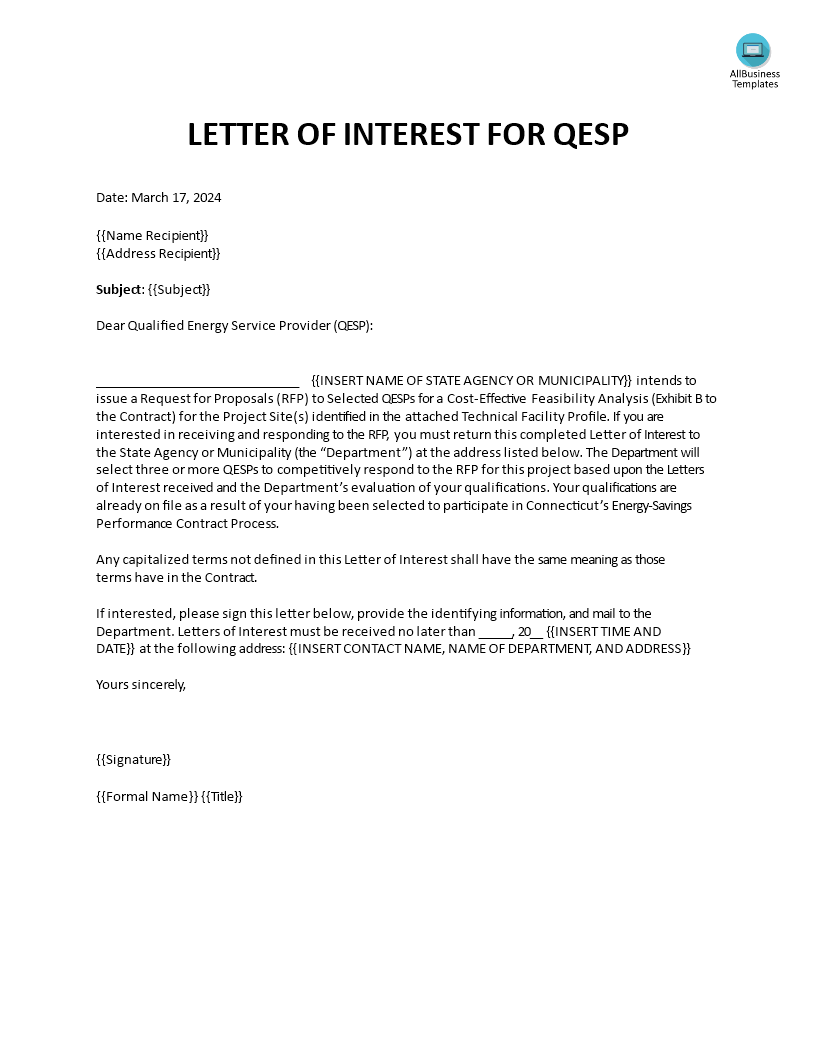 letter of interest for qesp modèles