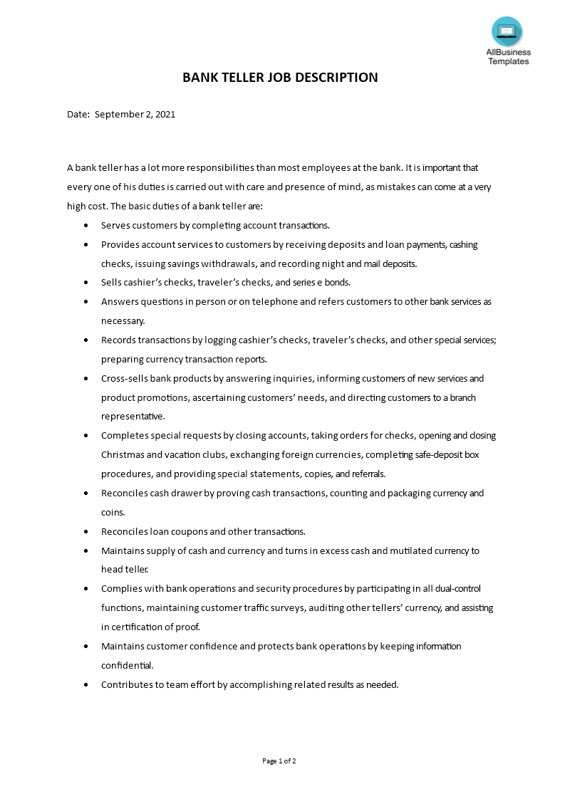 bank teller job description template