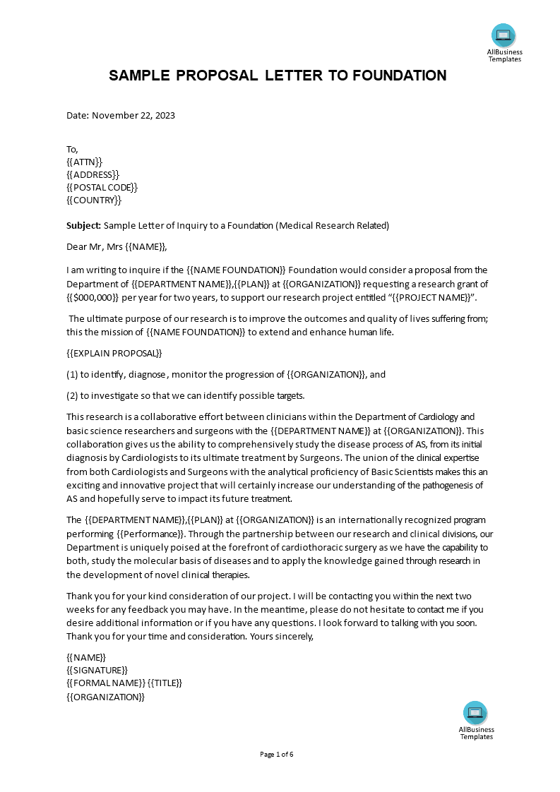 Kostenloses Medical Research Proposal Letter
