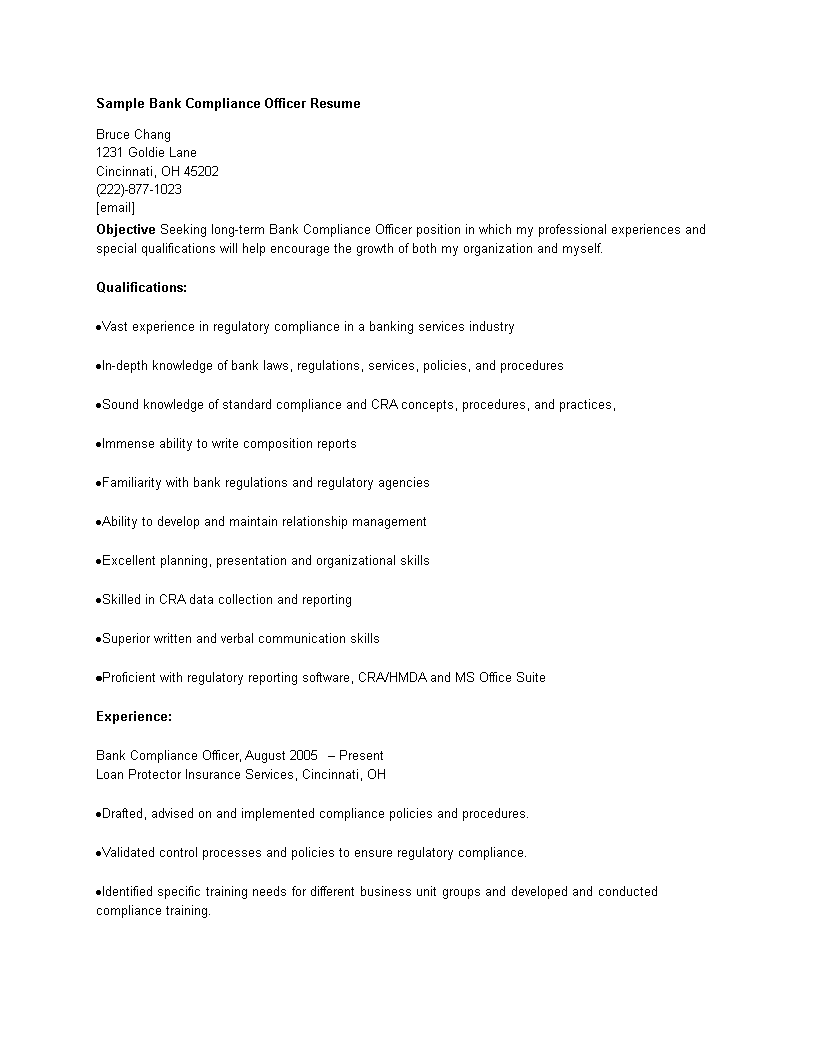 banking compliance officer resume template template