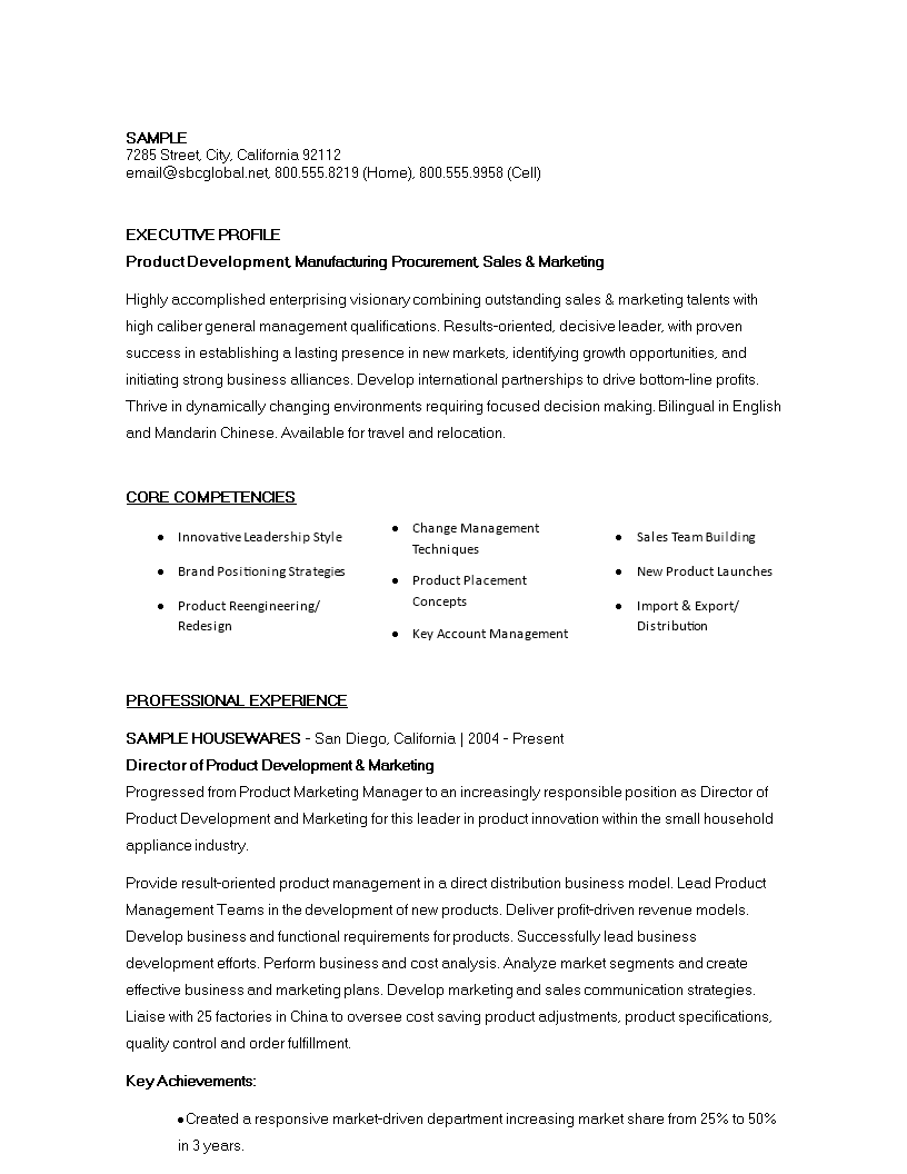 product marketing executive resume plantilla imagen principal