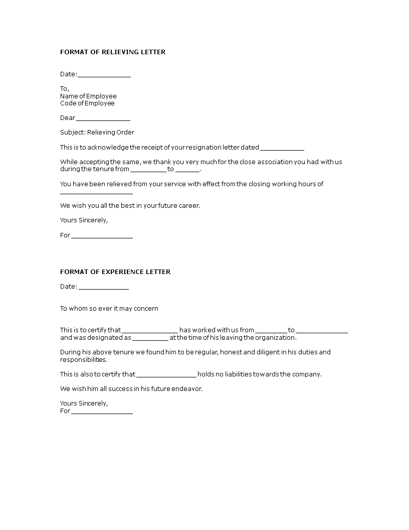 relieving letter resignation template