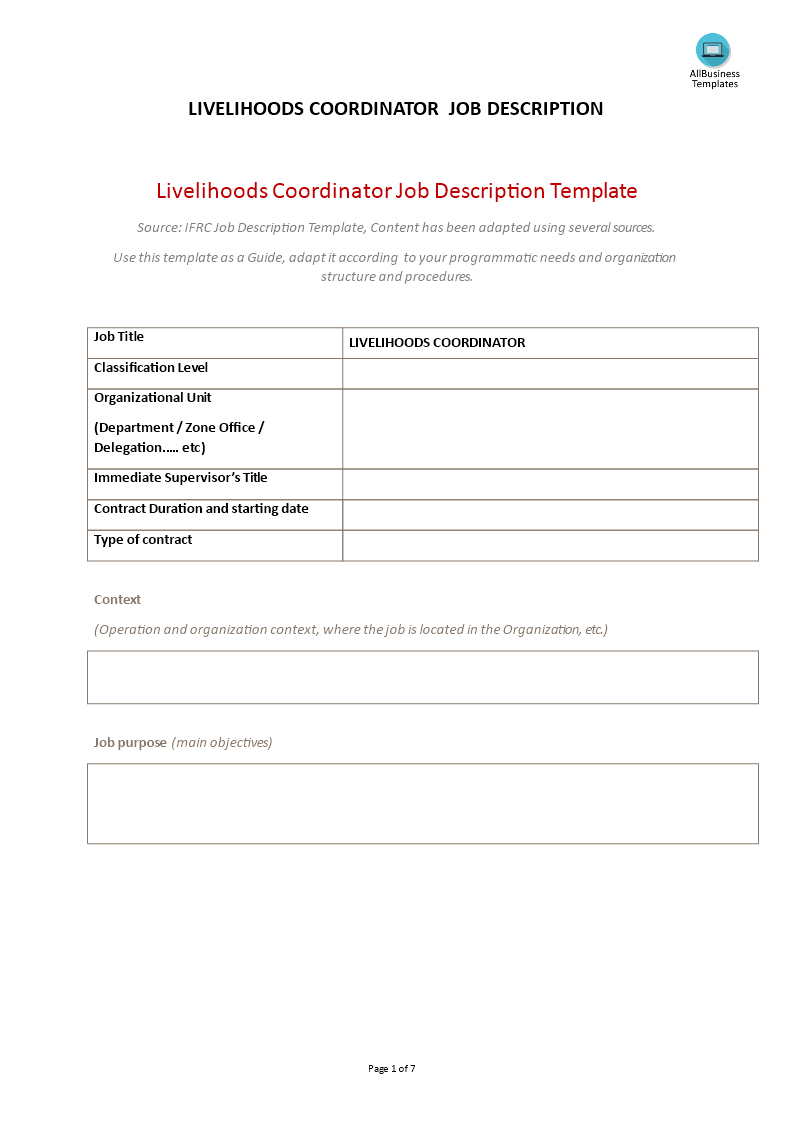 Livelihoods Coordinator Job Description main image