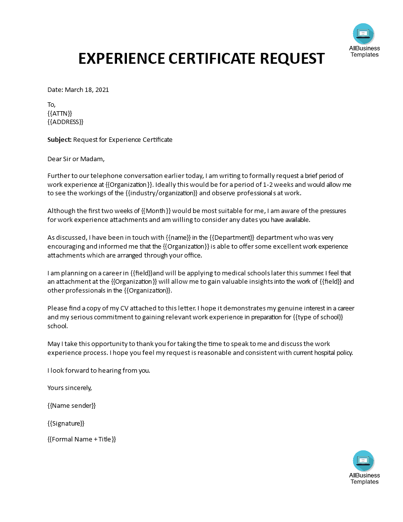 sample work experience letter Hauptschablonenbild