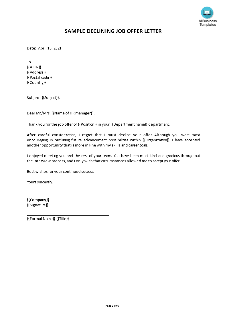 Job Offer Decline Letter Templates At