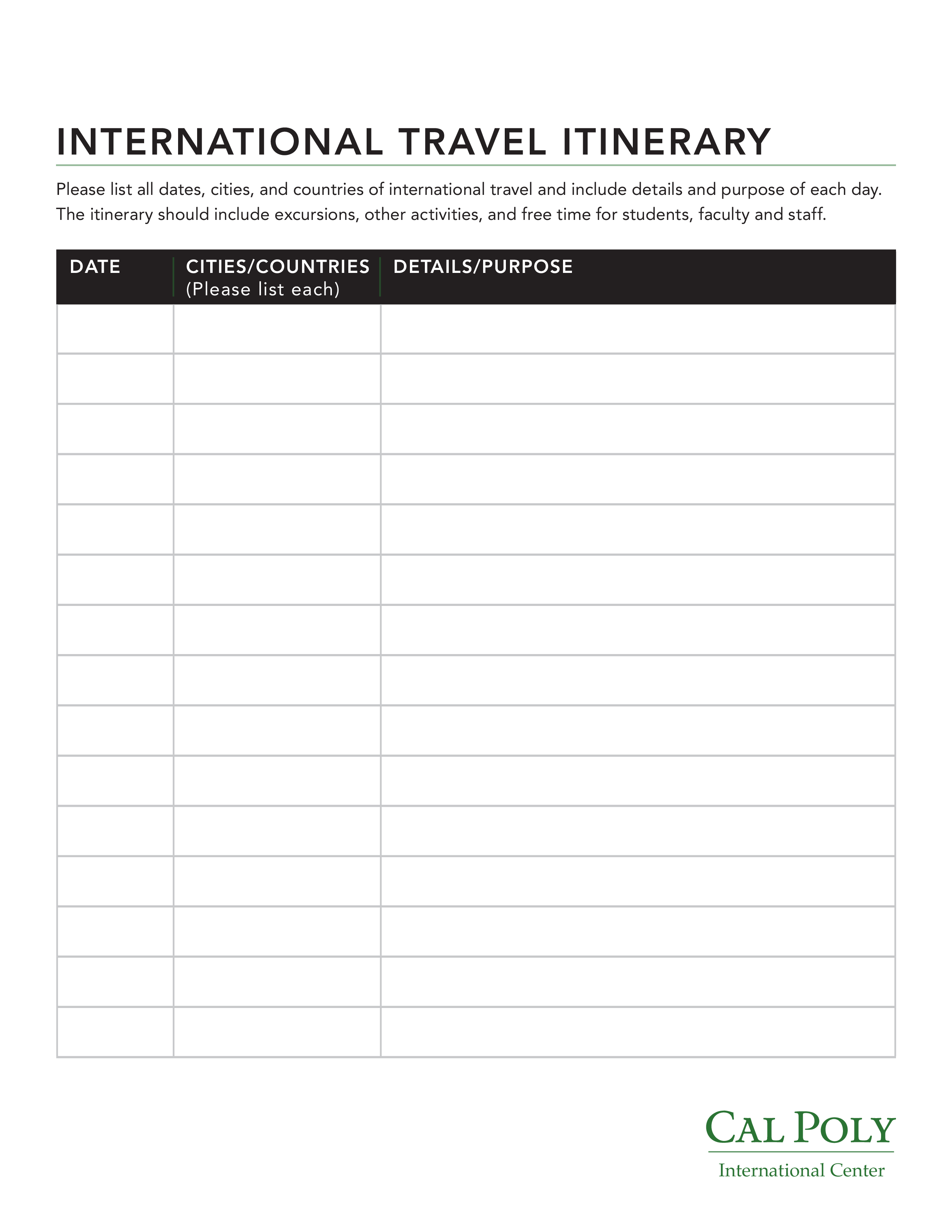 International Itinerary 模板